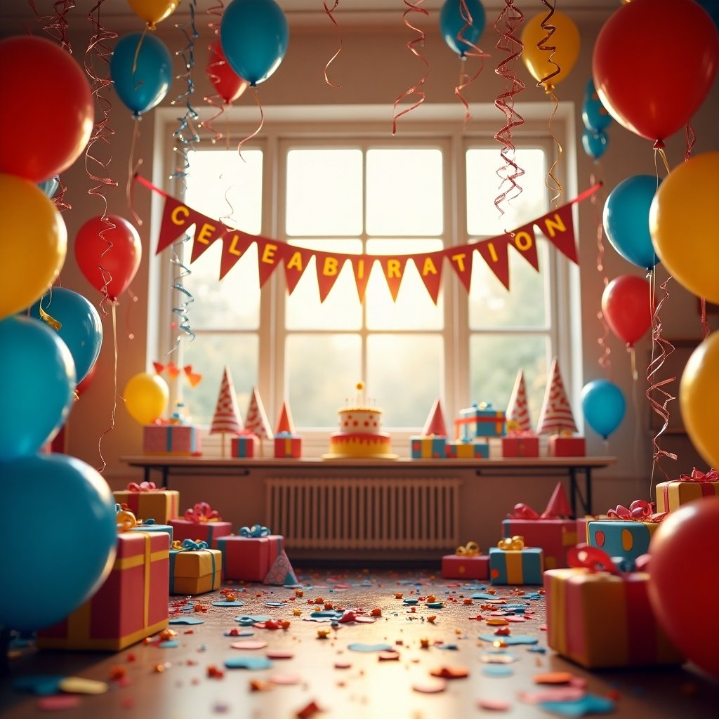 A vibrant room filled with party decorations. Colorful balloons hang from the ceiling. A table is set up with a cake and colorful gifts. A banner that reads 'CELEBRATION' is displayed. Confetti covers the floor. Warm light shines through the window.