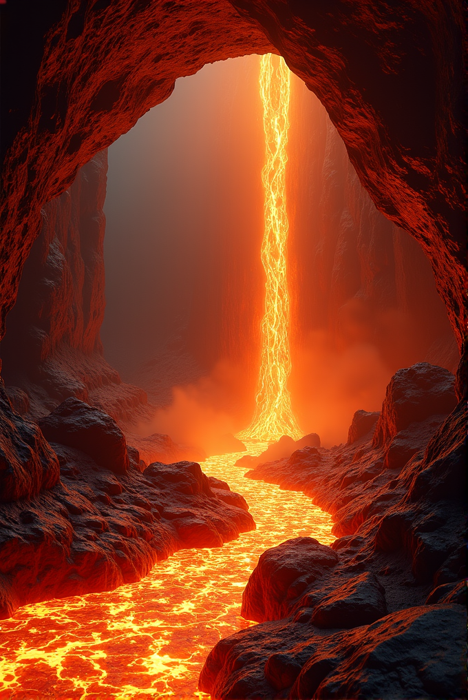 A vibrant stream of lava flows through a cavern, illuminated by the fiery glow.