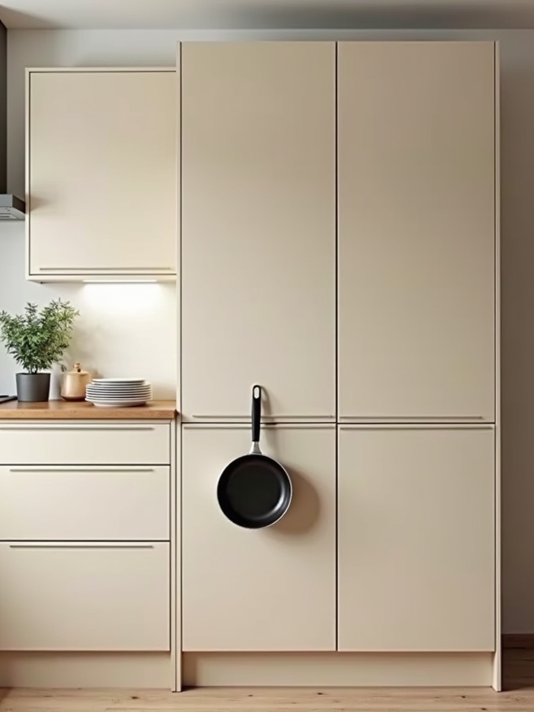 Modern kitchen design featuring IKEA style cabinets. Cabinets are beige and solid. One middle bottom cabinet has a frying pan handle sticking out. The lighting is soft and warm, enhancing the aesthetic.