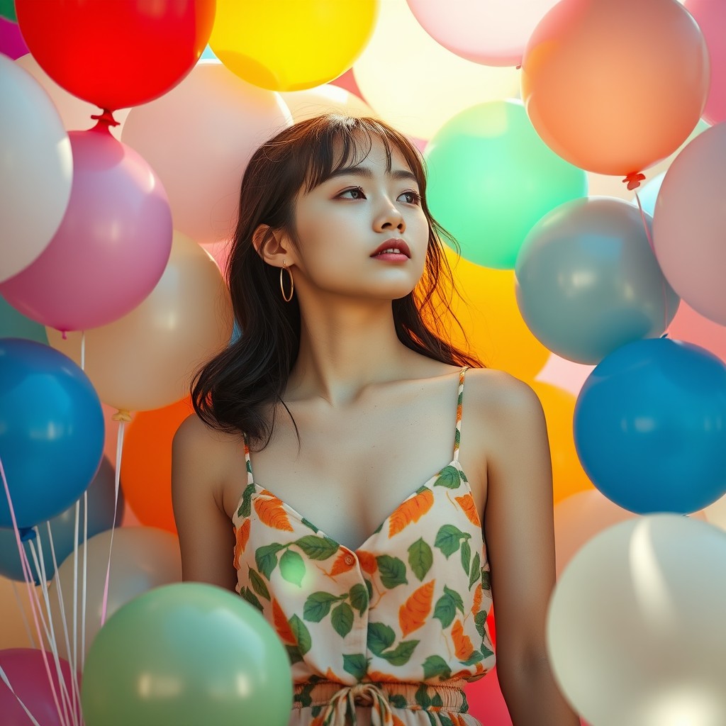 A portrait of a woman surrounded by a variety of colorful balloons in a vibrant setting.