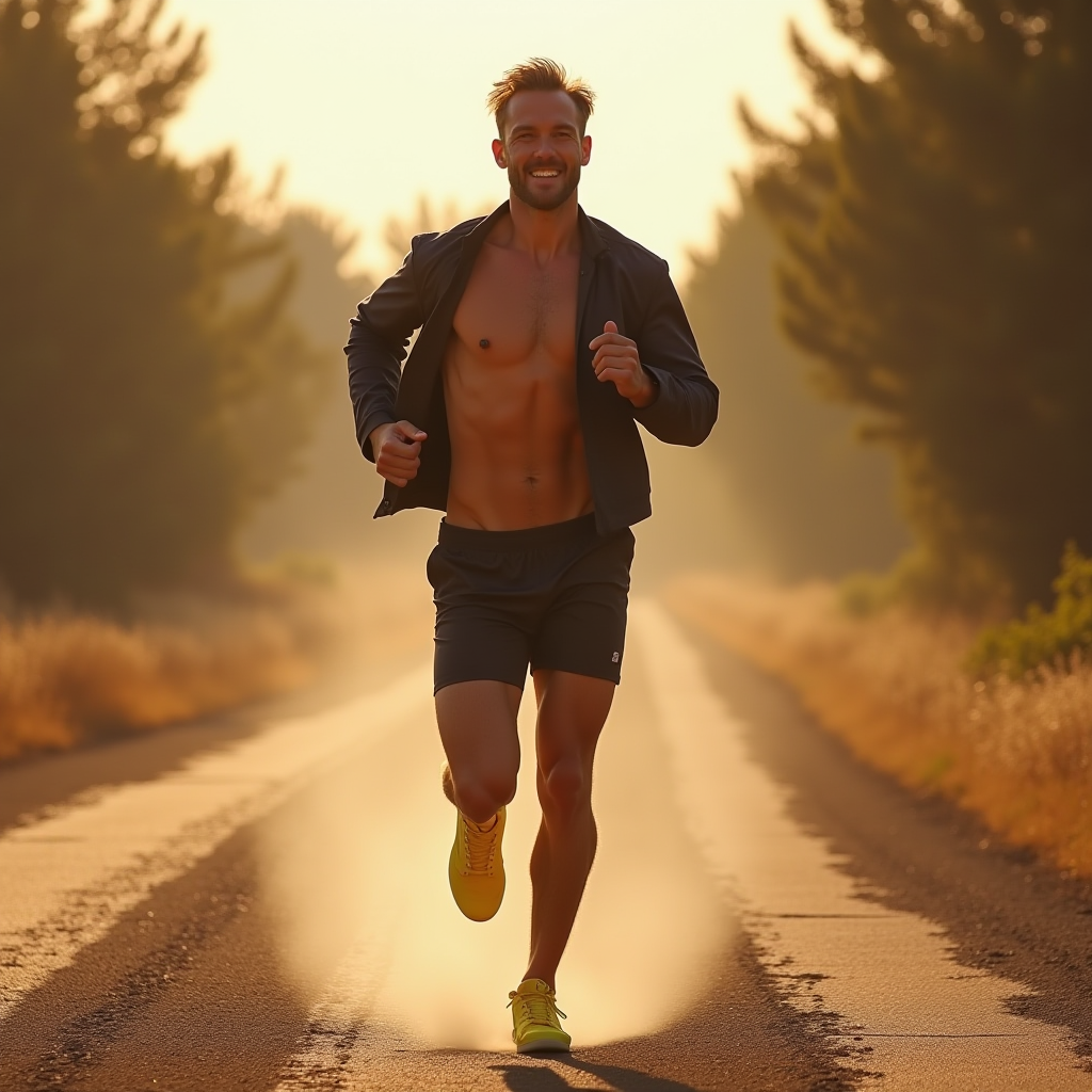 A man jogging on a tree-lined road during a golden sunset.