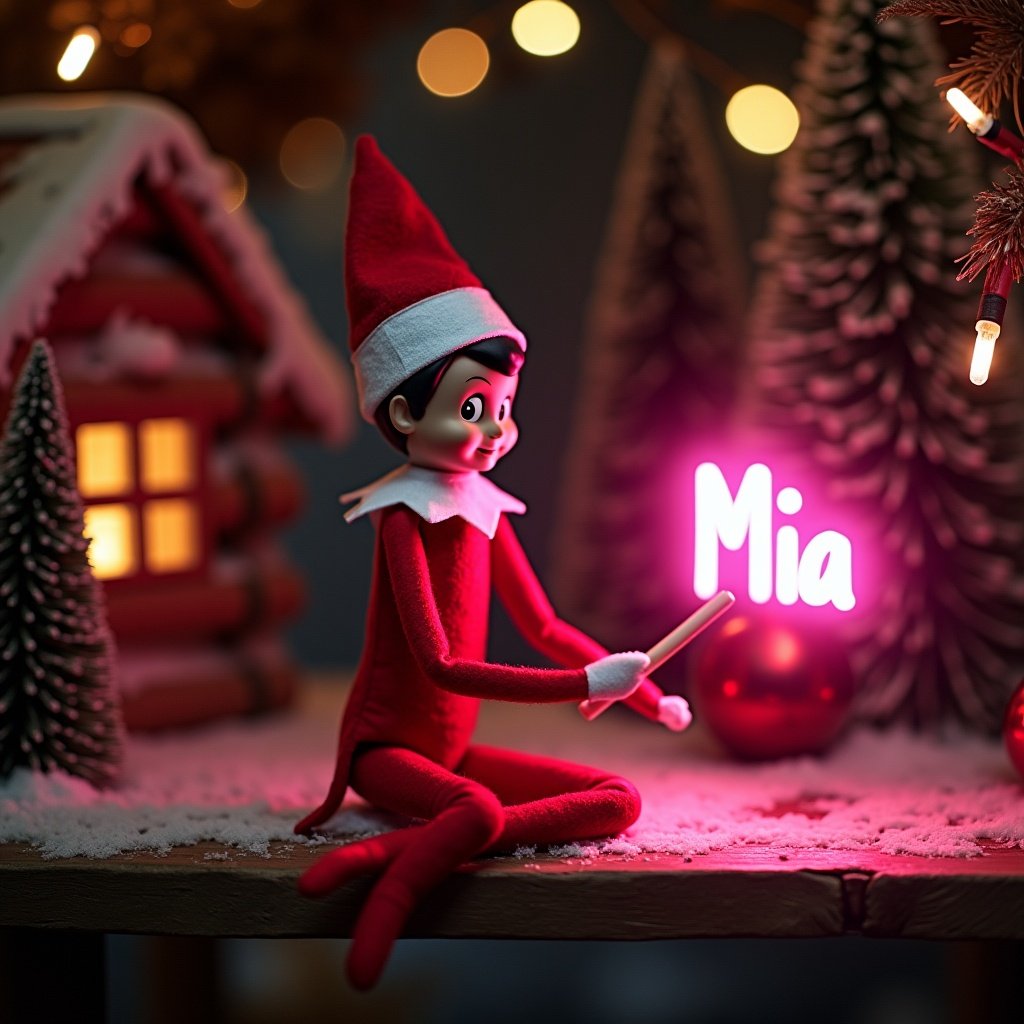 An enchanting Christmas scene is depicted, featuring an elf on the shelf. The elf is dressed in a vibrant red and white outfit, wielding a magic wand that writes 'Mia' in a glowing pink script. The backdrop includes a cozy log cabin and a breathtaking display of northern lights, enhancing the holiday ambiance. The elf's playful position and action evoke a sense of wonder and joy, perfectly capturing the essence of the Christmas spirit. This whimsical display invites viewers to embrace the magic of the season.