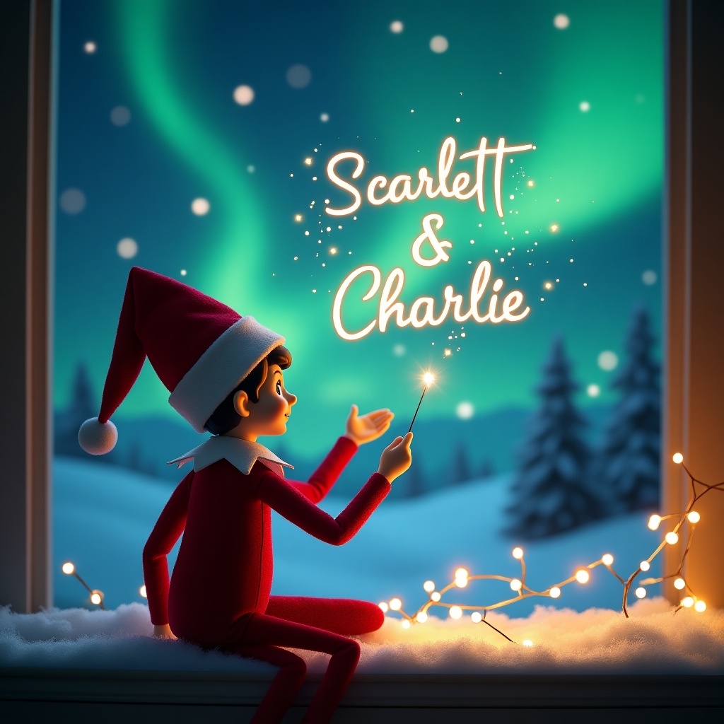 This enchanting image features an elf on the shelf, seated with his back to the viewer, as he joyfully gazes into a magical night sky. Using a wand, he gracefully writes the names 'Scarlett & Charlie' among brilliant northern lights. The backdrop is a stunning winter landscape with snow-covered trees, enhancing the festive spirit. Twinkling fairy lights add a warm glow, creating an inviting atmosphere. The scene embodies the joy and wonder of Christmas, perfect for capturing the magic of the season.