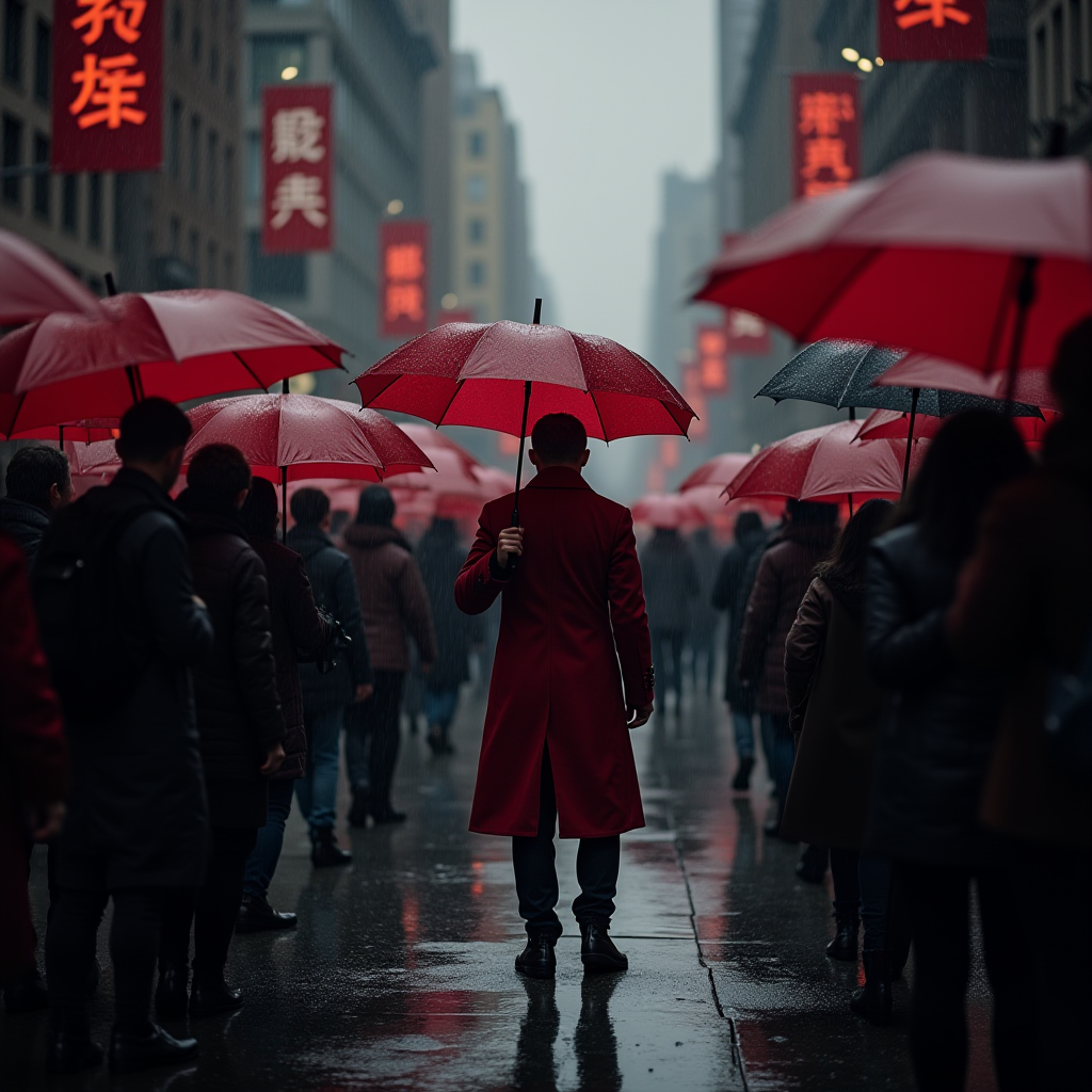 A crowd under red umbrellas walks through a rainy city street featuring glowing red signs, creating a dramatic and unified scene.