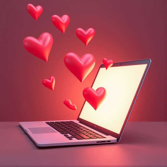 A laptop emits glowing hearts against a warm, pinkish background.