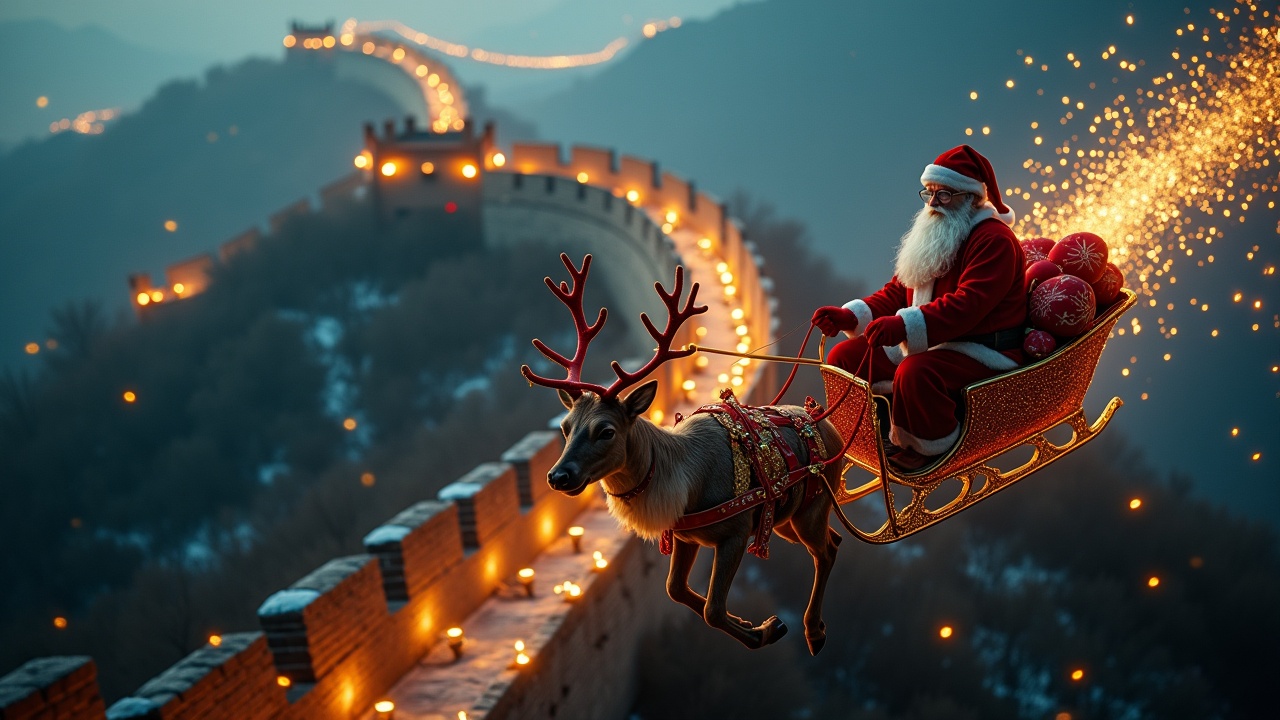 Magical atmosphere aerial shot. Santa flies in the direction of the camera on his sleigh. Trail of sparkles over The Great Wall of China. Arriflex Alexa shot. Ultrarealistic.