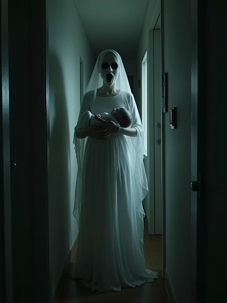 Spooky scene in a dimly lit hallway. Ghostly figure dressed in a flowing white gown holds a baby. Figure has haunting black eyes. Dim lighting casts eerie shadows. Contrast between ghost and dark environment amplifies tension. Scene evokes fear and curiosity.