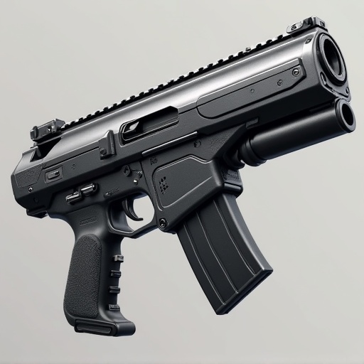 Image of a futuristic firearm with a bullpup layout. It combines elements from different weapons. The design features sharp edges and tactical applications. It has a sleek black and gray color scheme. The weapon emphasizes ergonomic design and military-grade quality. Appealing for collectors and enthusiasts.