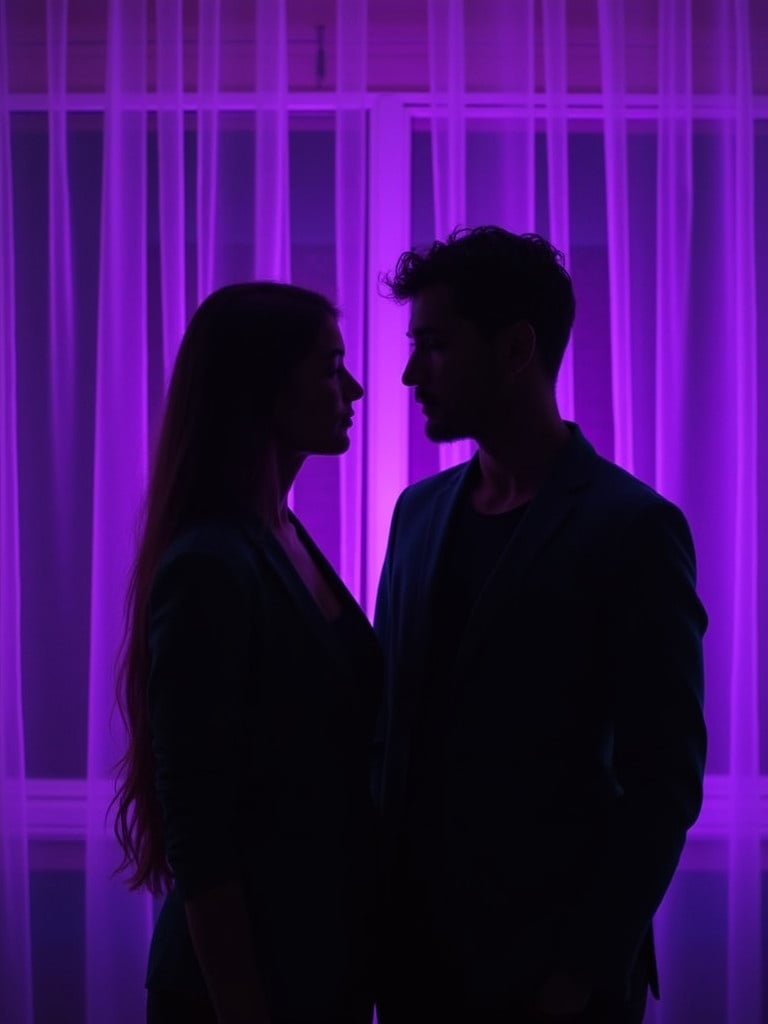 Two people stand close together in a purple-lit room silhouetted against a sheer curtain