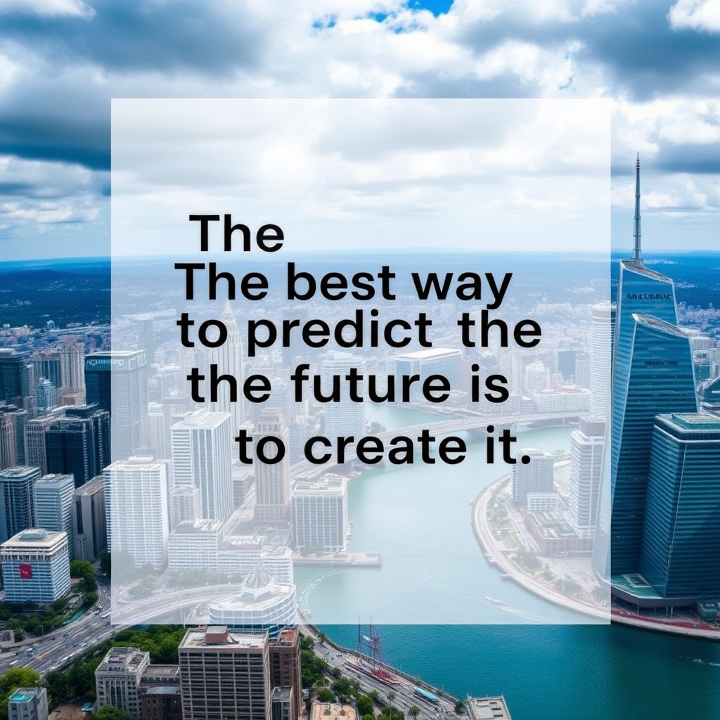 an inspirational quote on a cityscape background: 'The best way to predict the future is to create it.'