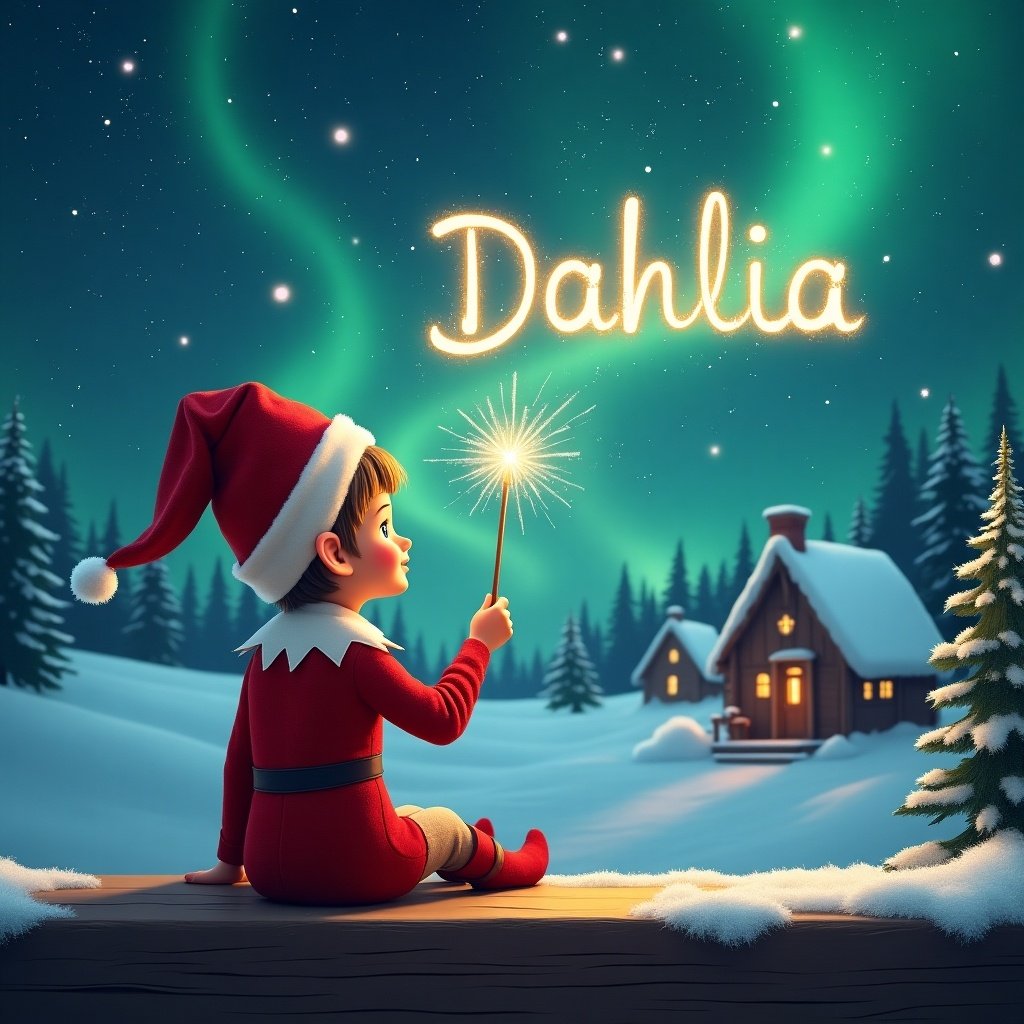 An elf sits on a wooden ledge with its back to the camera, gazing at a magical sky. The elf, dressed in a red outfit with a pointed hat, holds a sparkling wand. With the wand, the elf elegantly writes the name ‘Dahlia’ in the starry sky. The background features a snowy landscape with charming little houses and evergreen trees under the shimmering Northern Lights. This whimsical scene captures the essence of childhood magic and Christmas cheer.