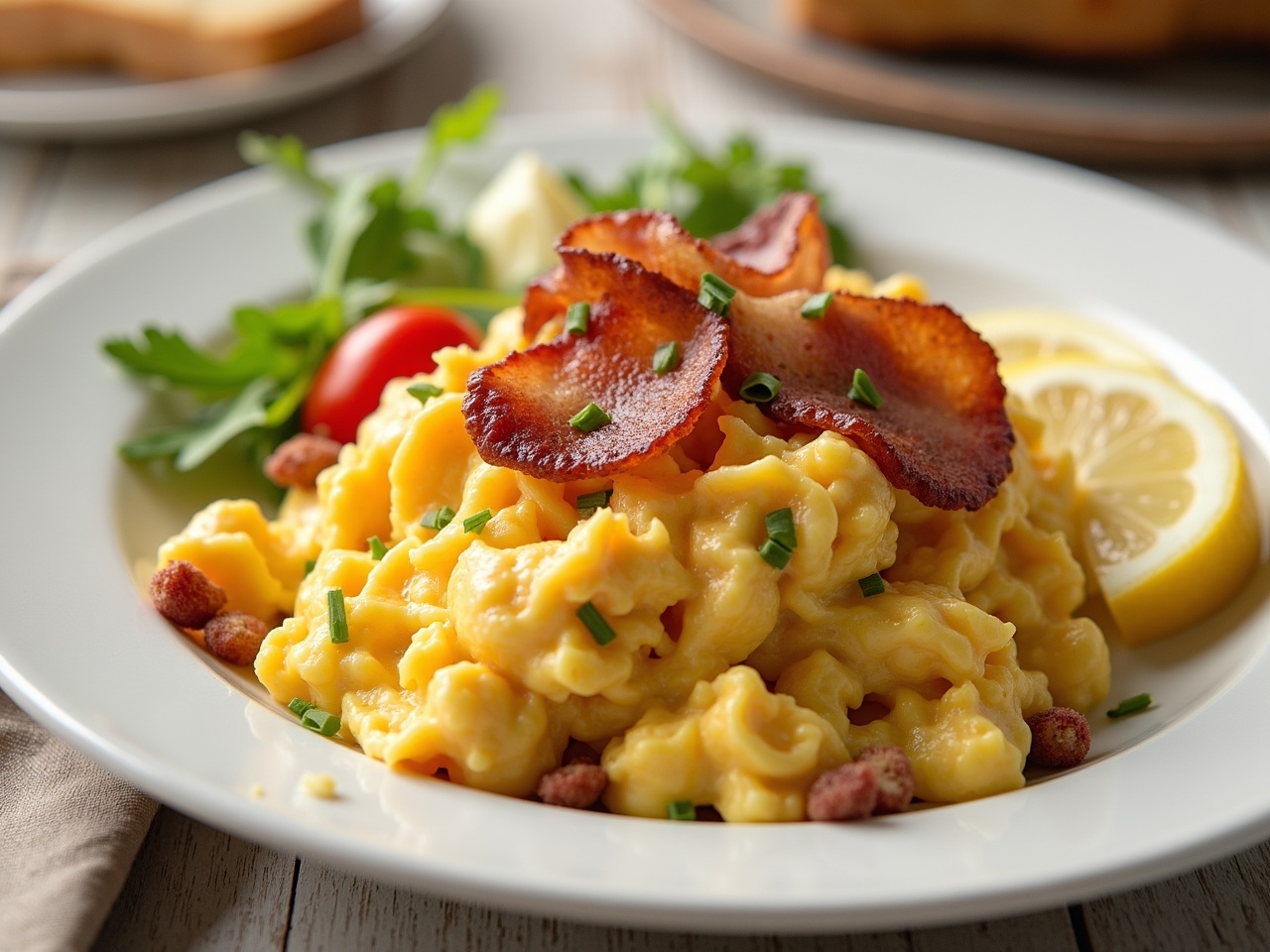 This image showcases a plate of scrambled eggs enriched with cheese, complemented by crispy bacon strips. A side salad adds freshness with vibrant greens and cherry tomatoes. The dish is garnished with chives and a slice of lemon, enhancing the presentation. Soft natural light highlights the creamy texture of the eggs and the savory appeal of the bacon. This delightful breakfast plate is perfect for morning meals or brunch gatherings.