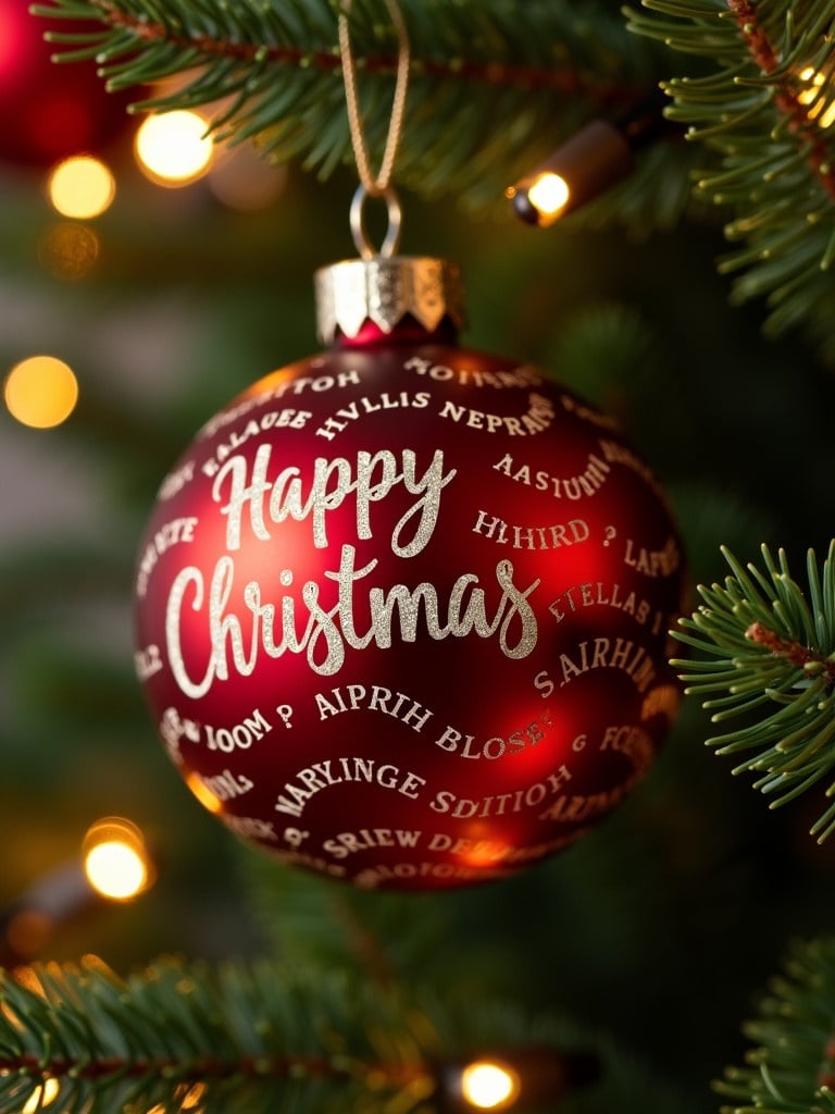 Close-up view of a decorative red Christmas bauble. Ornament features text 'Happy Christmas...' surrounded by names. Hangs among twinkling lights on a green pine tree. Evokes festive spirit. Perfect for holiday-themed projects.