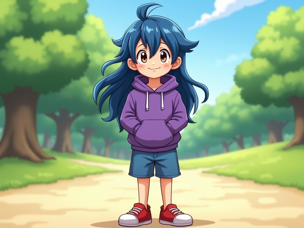 The image features a cheerful animated character that appears to be a young boy. He has long blue hair and is wearing a purple hoodie. His cute brown eyes are filled with curiosity. The character is standing in a friendly, lush green environment with trees surrounding him. He completes his look with blue shorts and red shoes, adding a playful touch. The background features a bright blue sky with fluffy clouds, creating a whimsical setting.