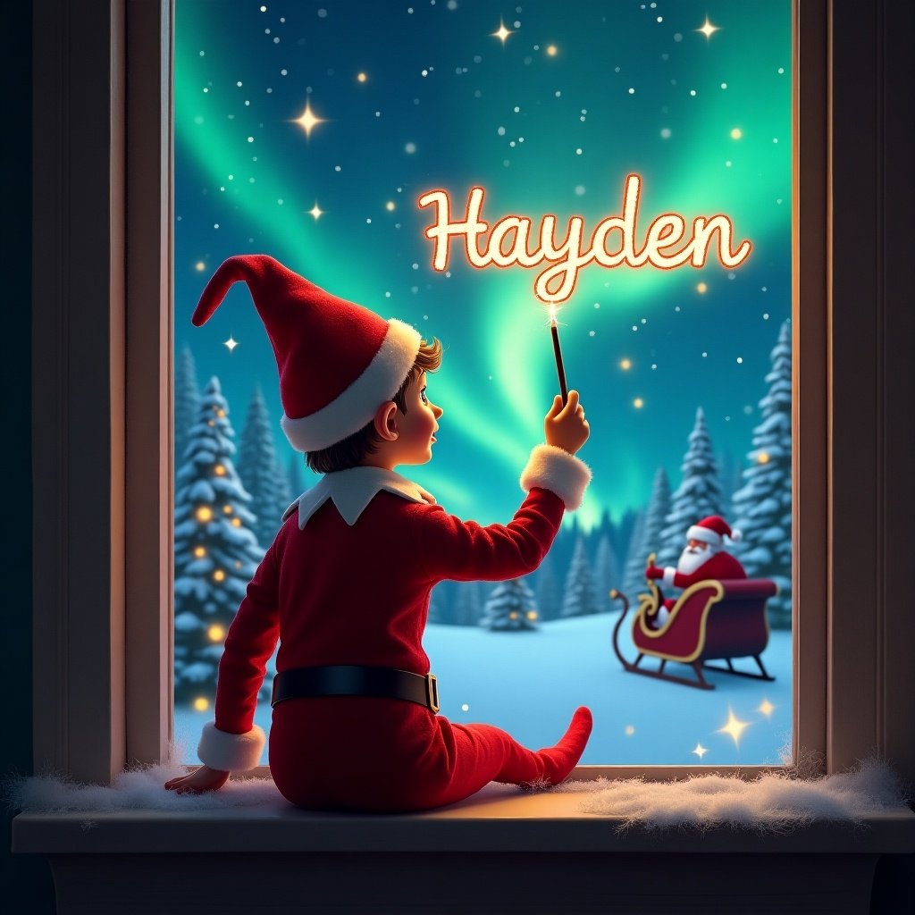 An elf sits on a window ledge facing the sky. The background depicts a magical Christmas scene with twinkling stars and colorful northern lights. Santa Claus in his sleigh is visible in the background. The elf wears a classic red outfit and a pointed hat. Using a wand, the elf writes the name 'Hayden' in shimmering letters.