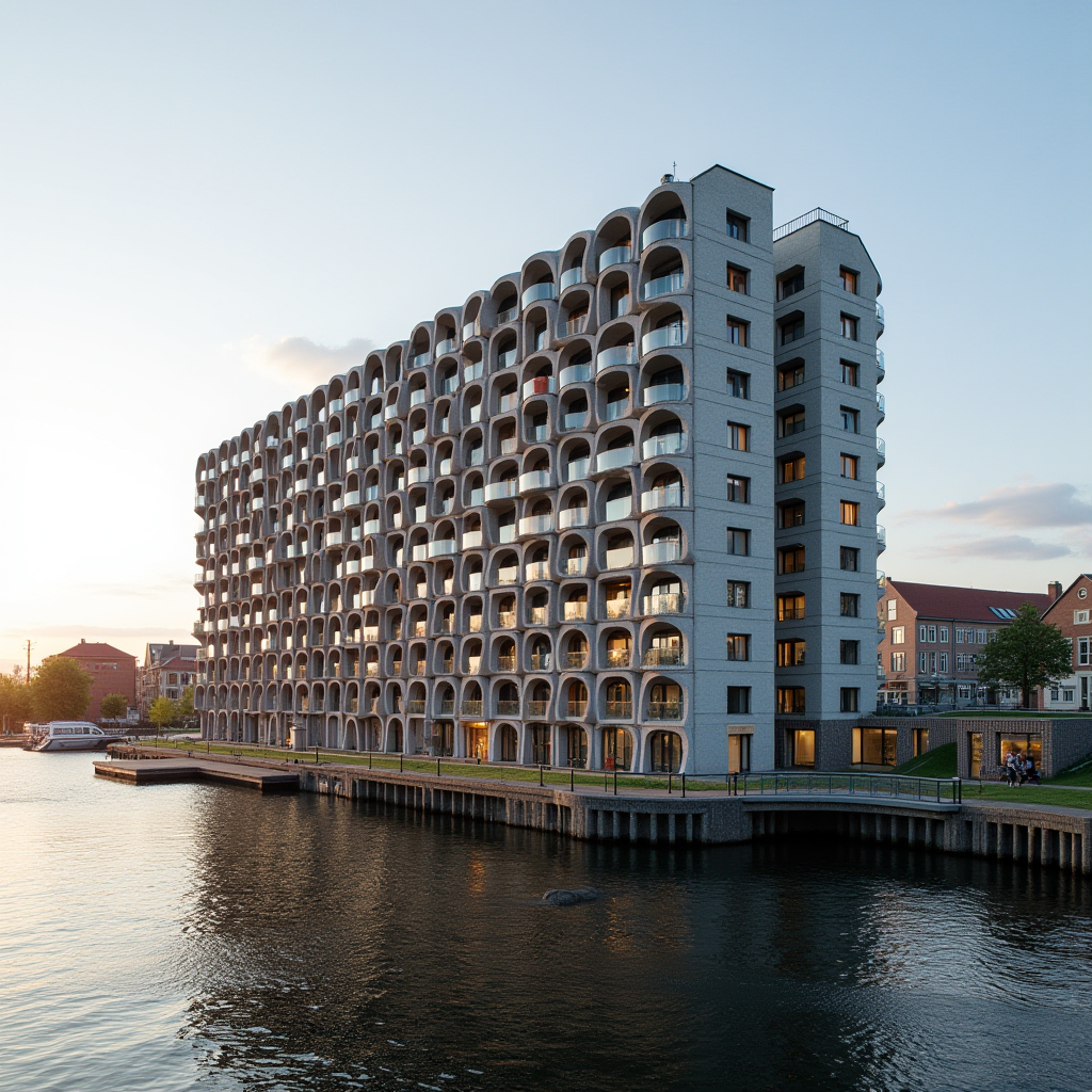 A modern, uniquely patterned building reflects sunlight next to a tranquil water body.