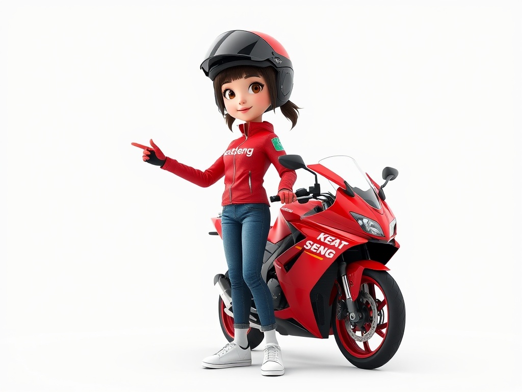 A 3D animated character with a red motorcycle pointing to the side.