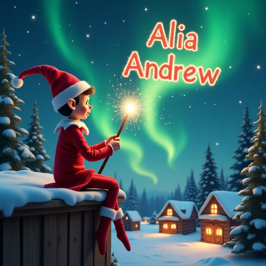 An elf sits on a wooden ledge gazing at a magical sky. The elf is dressed in red with a pointed hat and holds a sparkling wand. The elf writes the names 'Alia’ and 'Andrew’ in the starry sky. The background features a snowy landscape with little houses and evergreen trees under the Northern Lights.