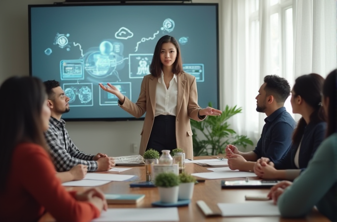 A woman speaks confidently in a conference room while presenting digital data on a screen.