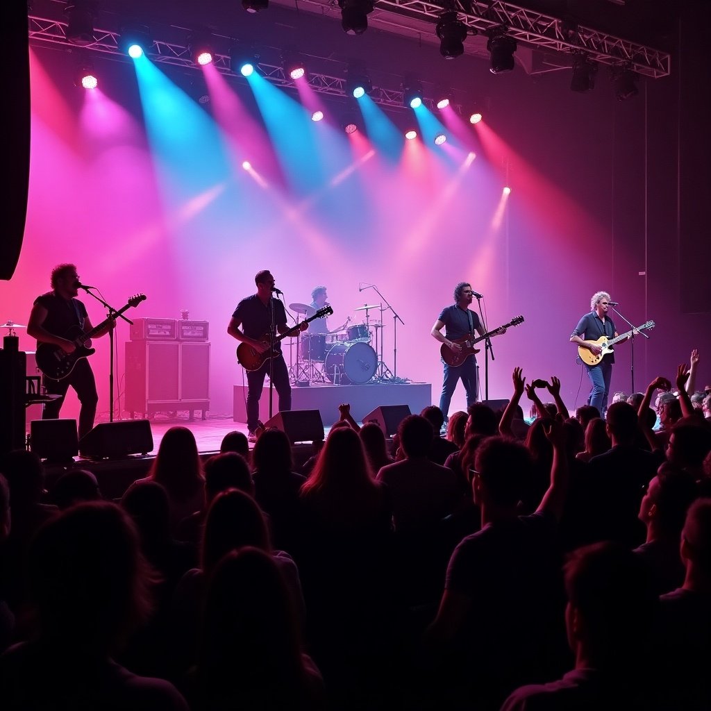 Live performance by a rock band on stage with colorful lights and an engaged audience. Energetic atmosphere with musicians playing instruments and fans enjoying the show.