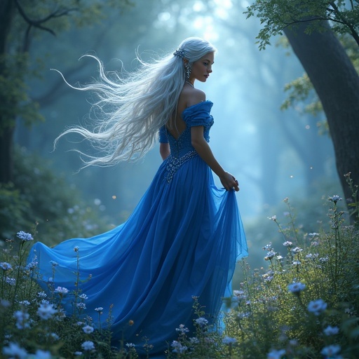 A beautiful dark elf woman stands in a magical forest. She wears a stunning blue dress. Long white hair flows in the breeze. Sparkling jewelry adorns her. The forest is filled with trees and mystical light. Flowers bloom around her feet. The atmosphere feels enchanting and whimsical.