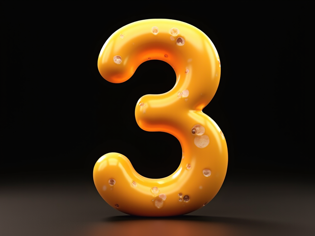 A glossy number 3 resembling cheese, with holes, stands on a dark background.