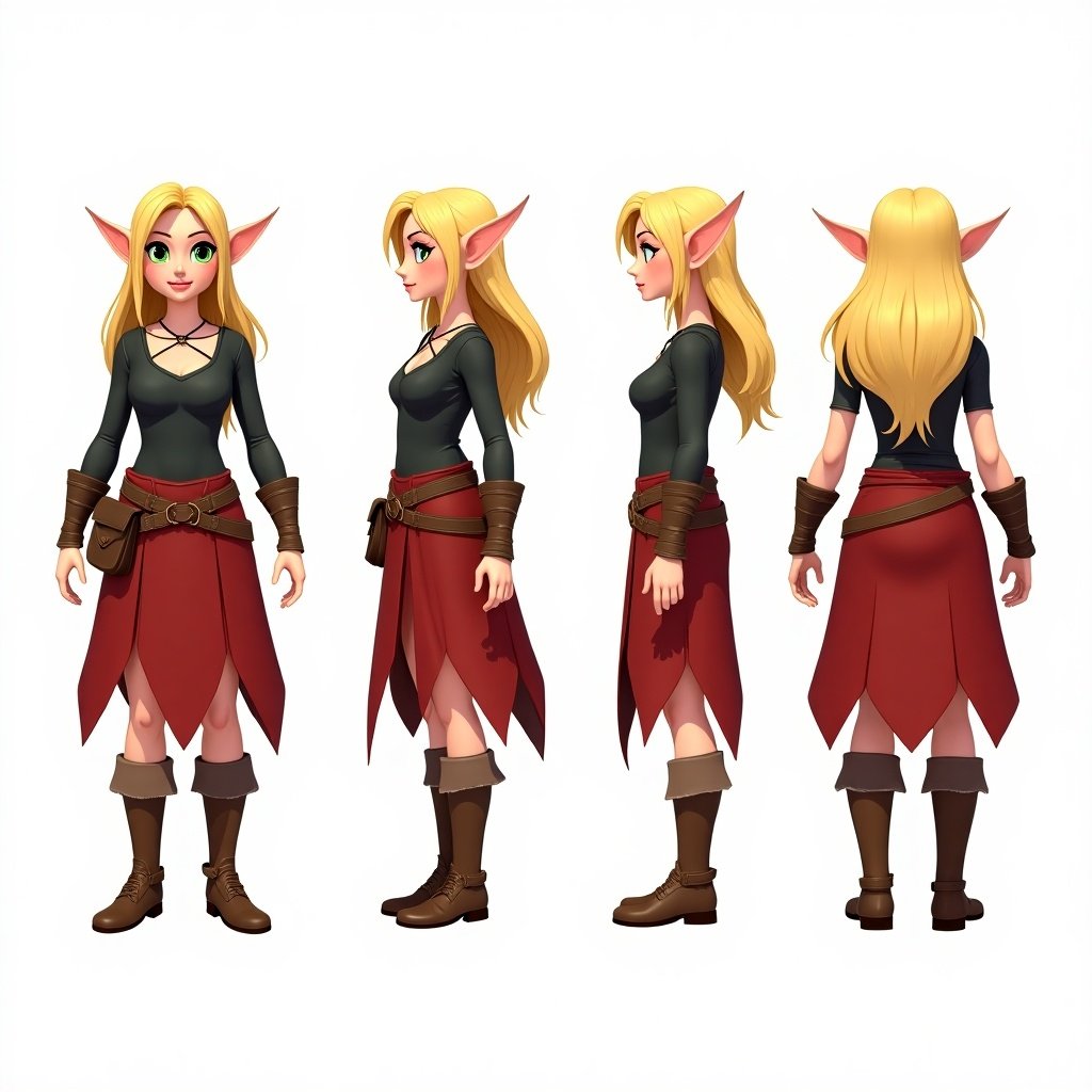 The image shows an animated female elf character for a fantasy setting. She has long blonde hair and wears a black top with a fantasy red skirt. Various accessories are included. The character is depicted in multiple views.