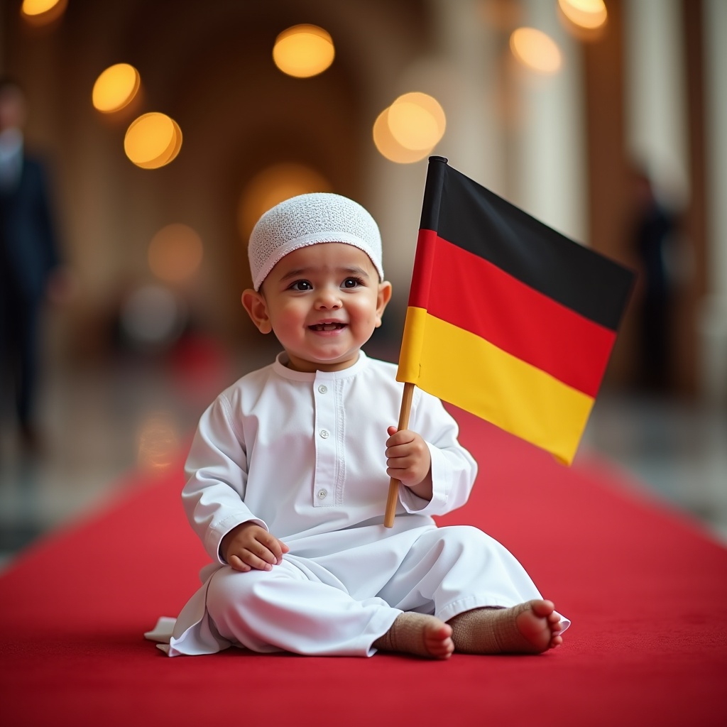 Young child wearing traditional clothing sitting on a red carpet, holding a German flag.