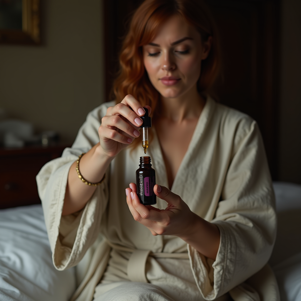 A woman in a robe uses a dropper to apply skincare product from a small bottle.