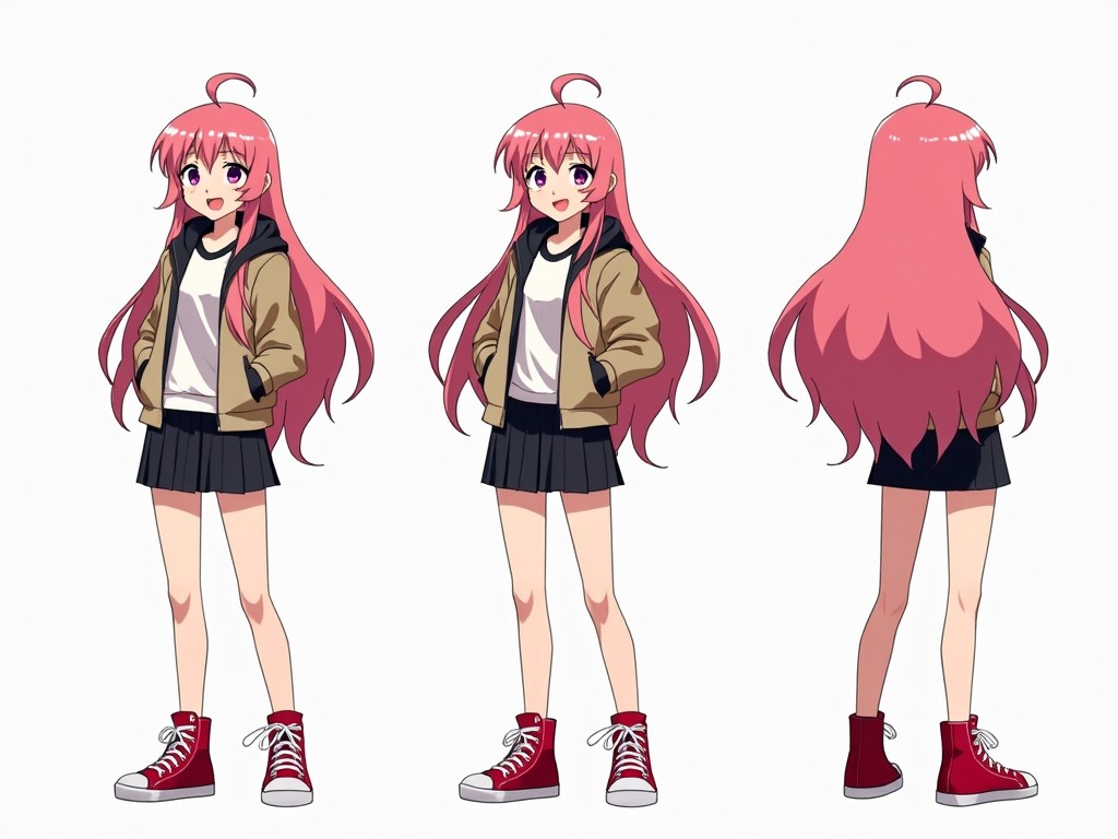 This image features a cheerful anime-style character turn-around sheet. The character has long pink hair and wears a stylish jacket over a white shirt. She pairs her outfit with a black skirt and vibrant red sneakers. The sheet presents her in three views: front, side, and back. The artwork highlights her playful demeanor and casual outfit, making it a versatile design reference for various creative projects.