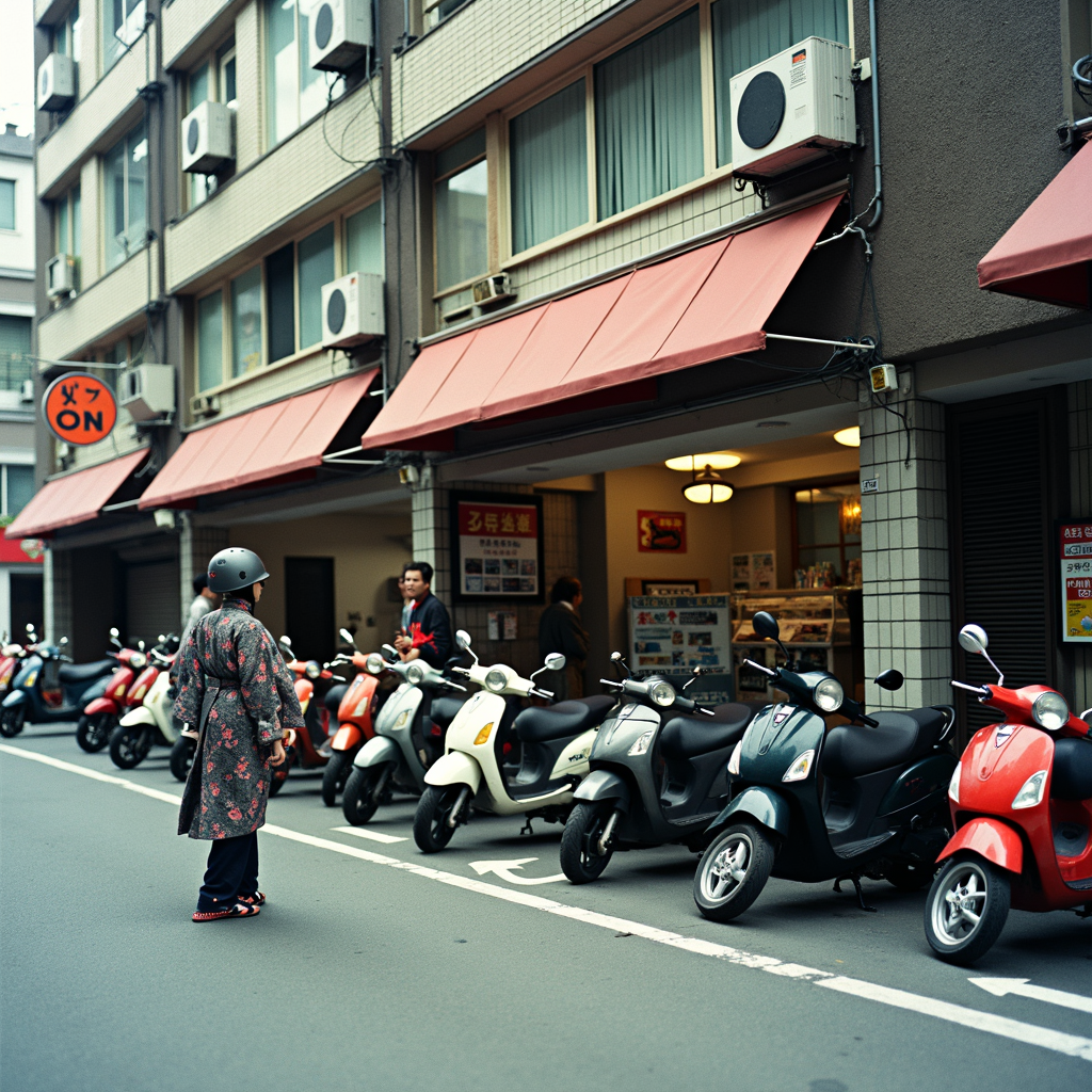 A row of parked scooters lines the street outside a building with red awnings, where a person in a patterned coat stands, creating a blend of traditional and modern urban vibes.