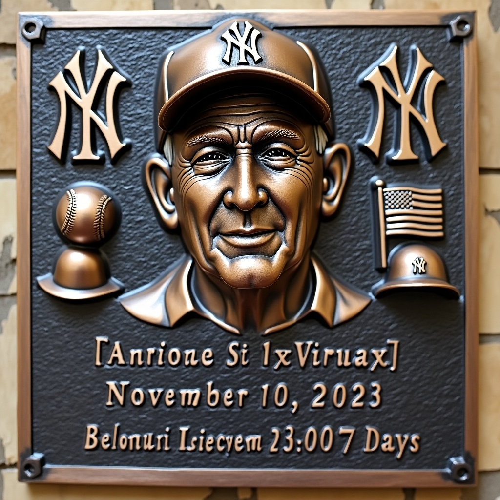 This image showcases a bronze memorial plaque dedicated to a World War II veteran. The centerpiece is a kind elderly man's portrait, adorned with a veteran cap. Engraved on one side is a baseball and the New York Yankees logo, which adds a personal touch to his baseball fandom. On the opposite side, a small American flag stands beside a soldier's helmet, symbolizing his service. Below the portrait, there is an inscription with his birth and death dates, creating a lasting memory. Finally, a heartfelt message at the bottom acknowledges him as an honored veteran, beloved uncle, and Yankees fan. The plaque glows with a timeless bronze patina.