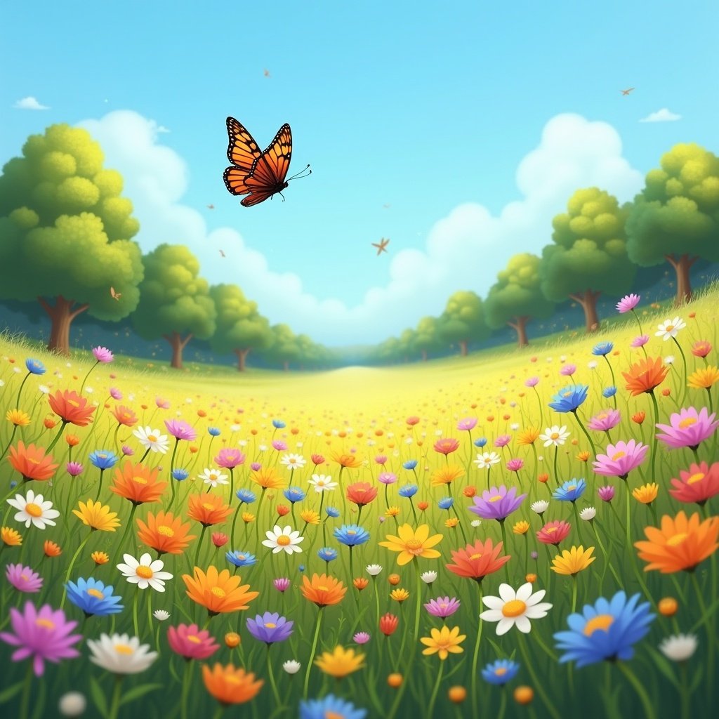 A vibrant landscape featuring a butterfly flying over a colorful flower field. Lush green trees line the horizon under a bright blue sky. A variety of colorful flowers scatter across the meadow.