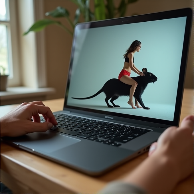 A person sits at a wooden table, looking at an image on a laptop screen of a woman riding a giant rat.