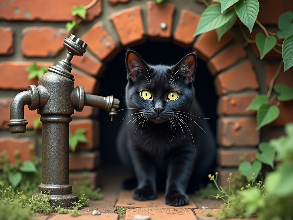 A stunning black cat with bright yellow eyes sits in front of a rustic fountain. The cat is positioned just outside a brick archway, giving it a mysterious allure. Lush green vines and moss surround the area, adding a natural feel. The soft sunlight casts a warm glow, highlighting the cat's features. This image conveys a sense of curiosity and tranquility in a garden setting.