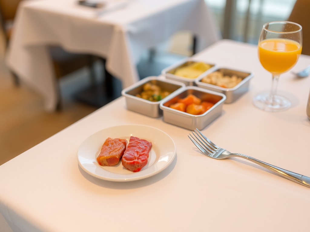 A plate with raw meat slices alongside a glass of orange juice and side dishes on a white tablecloth.