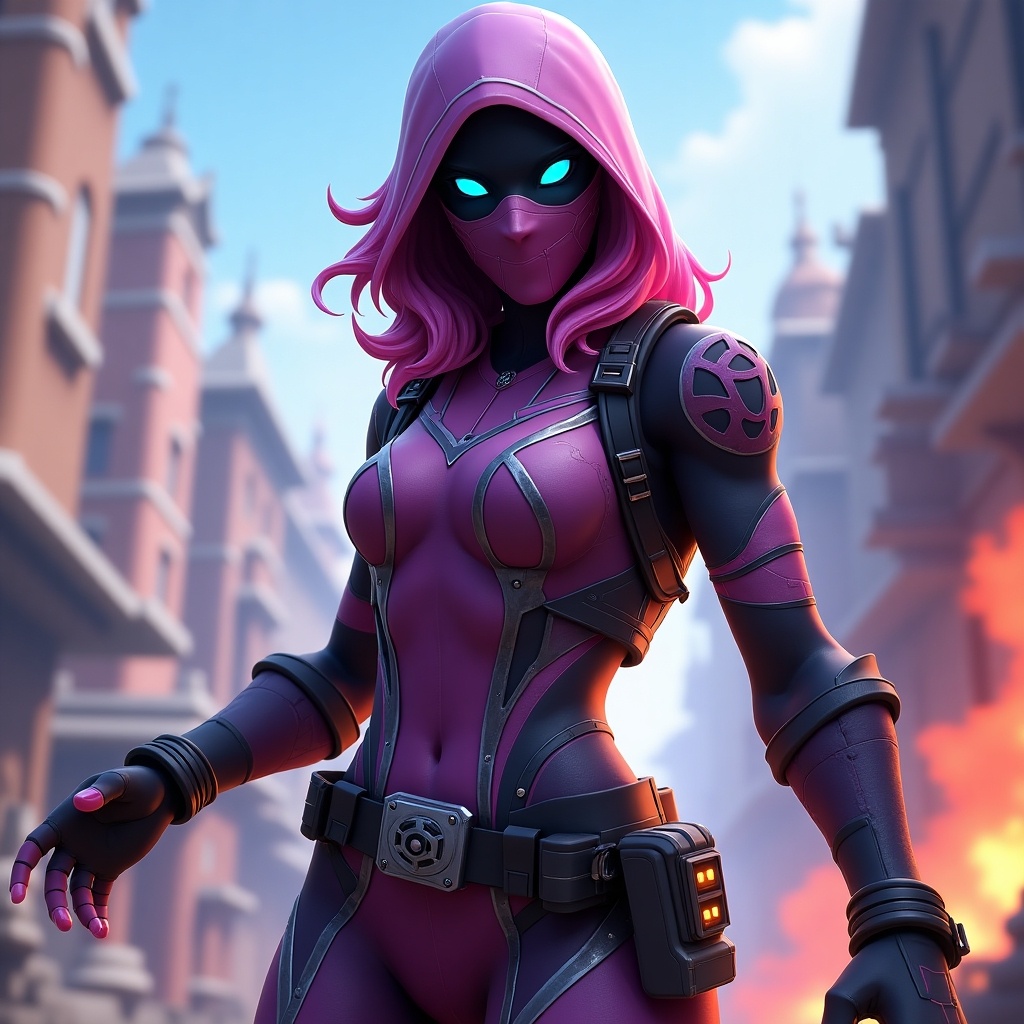 Fortnite character in a stealth suit. Female figure with a hood. Dynamic pose with a city backdrop. Strong visual design emphasized by color and lighting.