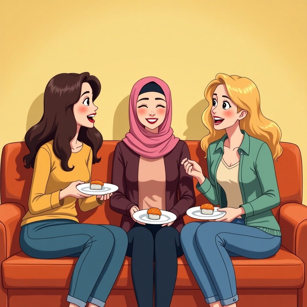 Anime style illustration of three women sitting on an orange couch. Left woman with long brown hair is Asian. Middle woman is Iraqi wearing a pink Hijab. Right woman is Danish with blonde hair. They are laughing and eating sushi. Warm and friendly atmosphere.