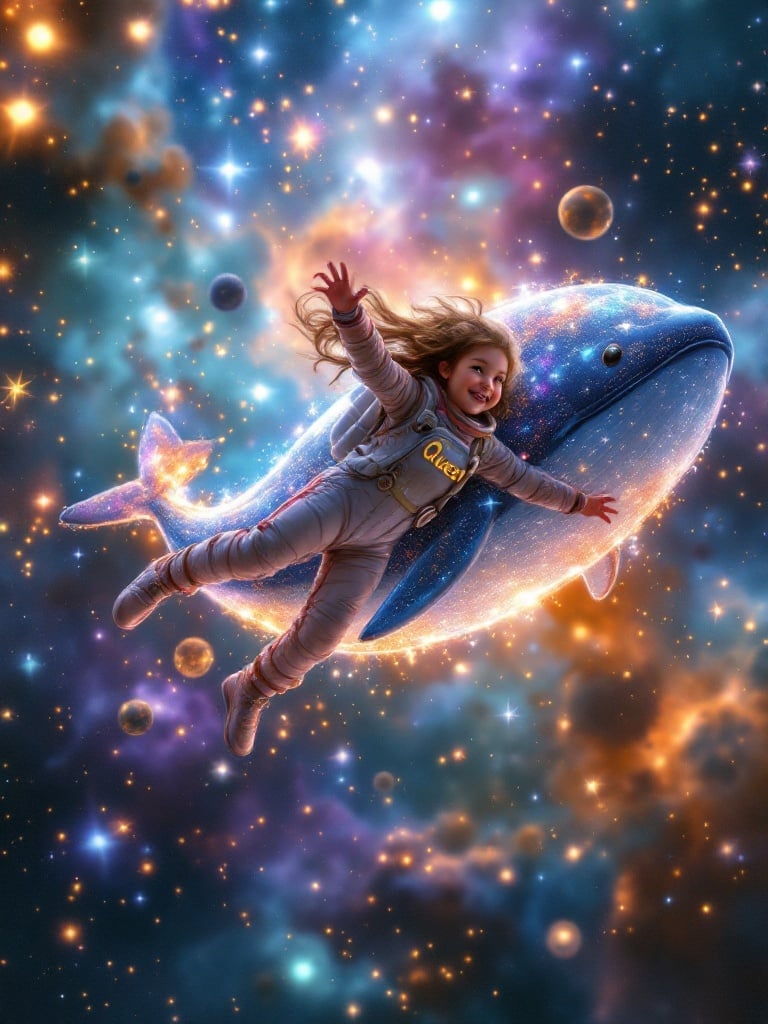 A joyful girl in a colorful space suit floats in space. The scene includes a large, glistening space whale swimming beside her. They are surrounded by a starry sky and vibrantly colored cosmic dust. The girl's space suit is embroidered with the word Quest in gold. The image captures the beauty and wonder of space exploration.