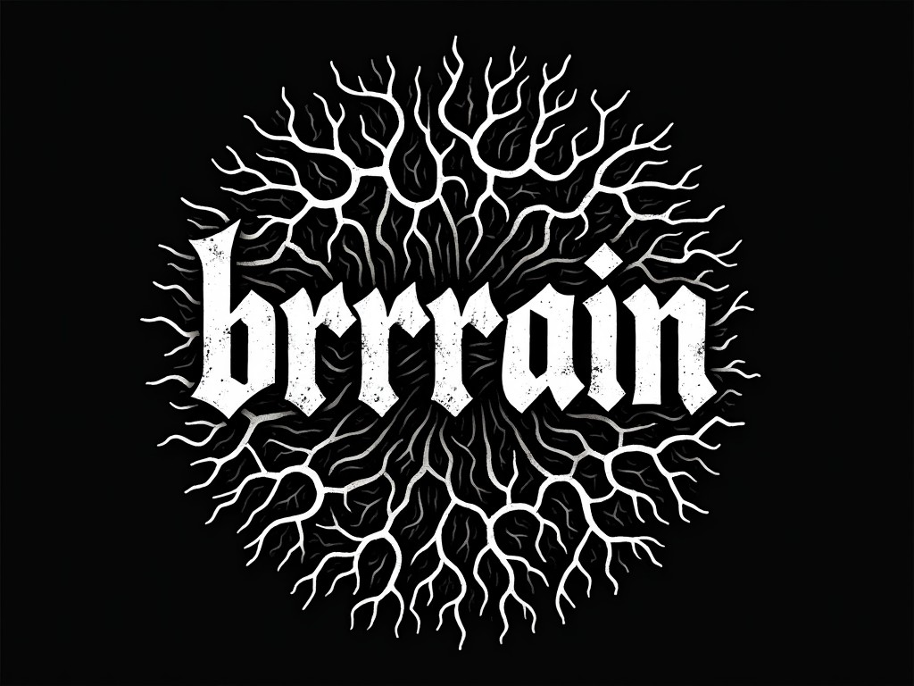 The image features the word 'brrrain' in a stylized gothic font, set against a black background. Surrounding the text is an intricate pattern of branching, tree-like white lines resembling neural networks or tree roots. This composition gives the impression of synaptic connections radiating from the word.