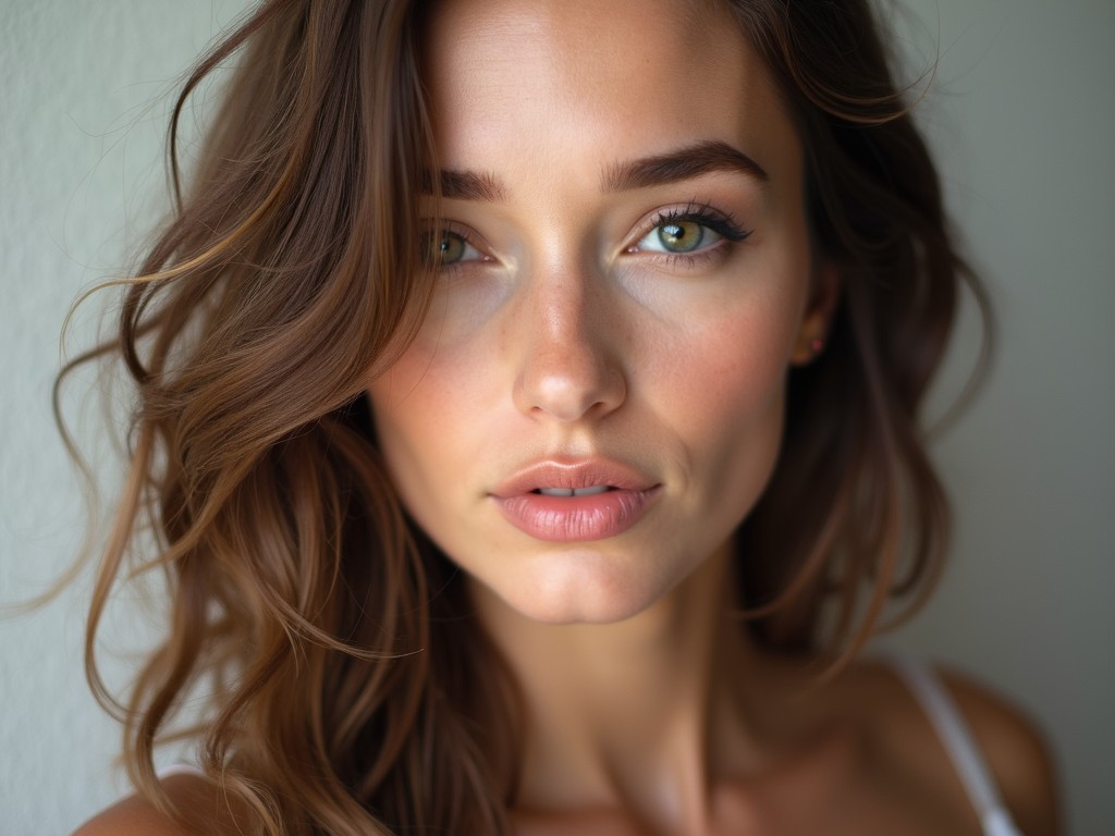 A captivating portrait highlighting the serene and expressive eyes of a woman. Her wavy brown hair frames her face perfectly, complementing her natural makeup that enhances her features subtly. The soft lighting emphasizes the smooth texture of her skin, creating an intimate and engaging atmosphere.