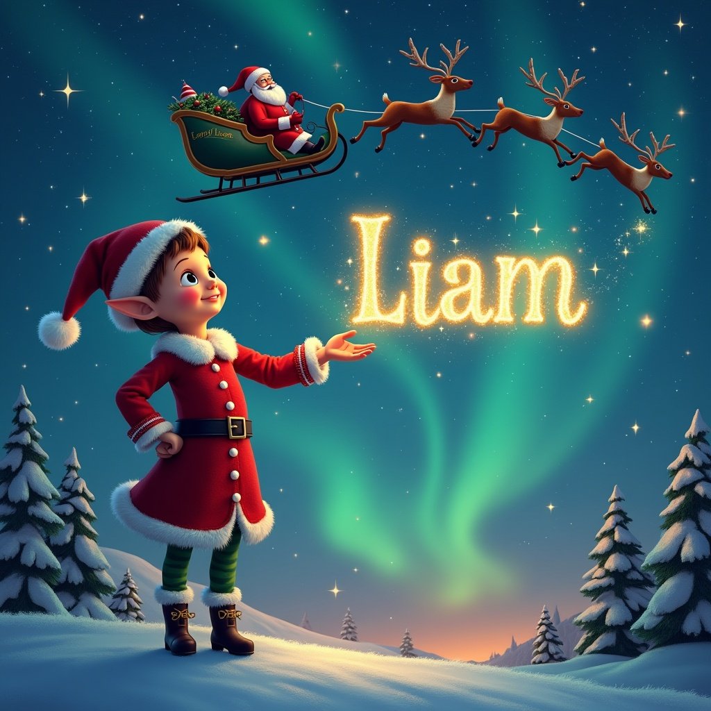 Elf with a magic wand writes ‘Liam’ in the night sky. Background features Christmas elements such as Santa Claus and northern lights. Cozy and festive atmosphere.