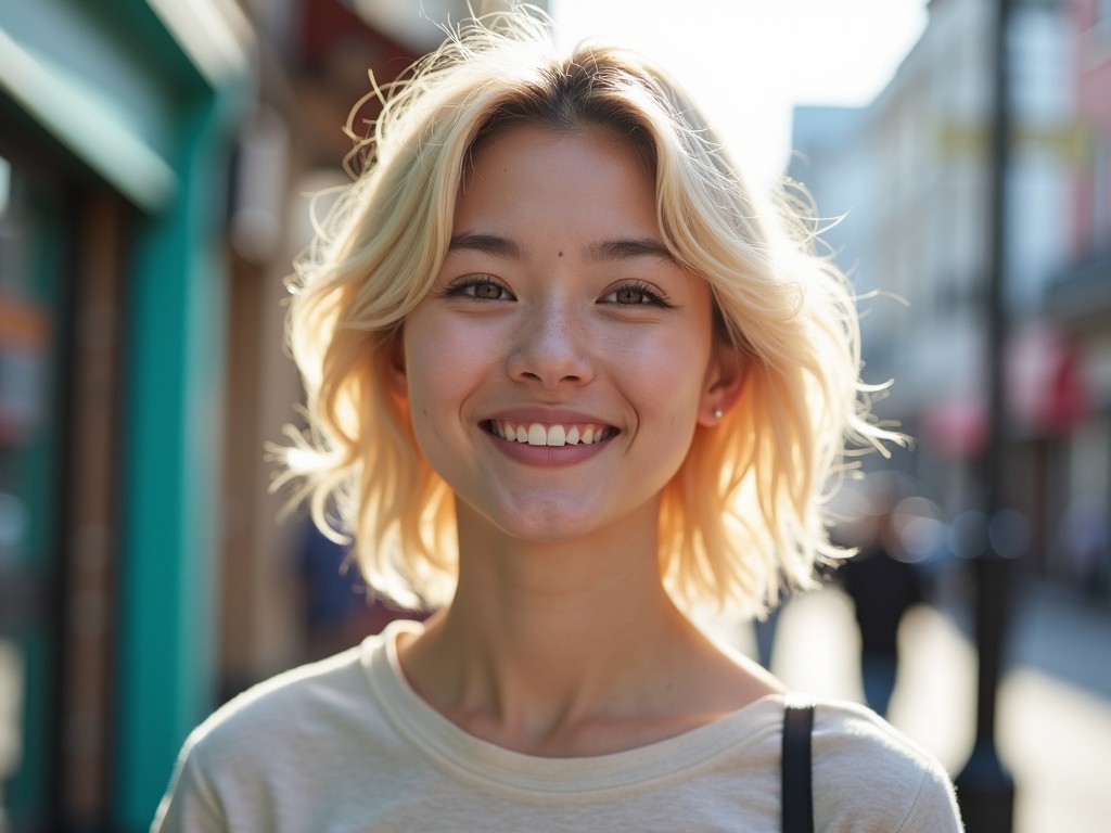 The image features a young woman with fresh looking, slightly shorter, messy blonde hair. She is smiling brightly, radiating happiness and confidence. The background hints at a lively street, softly blurred to emphasize her face. The warm sunlight enhances her features and gives a cheerful ambiance to the scene. This portrait captures a vibrant moment in outdoor urban life, making her the focal point.