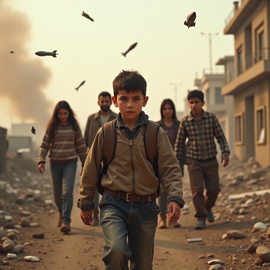 The image depicts a tense scene in a war-torn environment, specifically in Syria. A young boy leads his family, showcasing determination amidst chaos. Missiles fall from the sky, illustrating the danger surrounding them. He walks protectively in front of his brother and sister, with parents behind them. The backdrop features damaged buildings and debris, emphasizing the harsh reality they are facing. The lighting is dim, casting a somber tone on the scene.