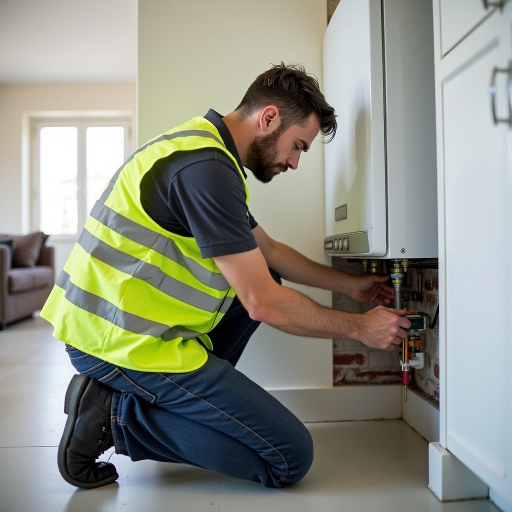 Image of a male technician working on plumbing system indoors. Technician kneeling on floor focused on boiler installation. Bright yellow safety vest worn over dark shirt. Clean and well-lit residential or commercial space serves as backdrop.