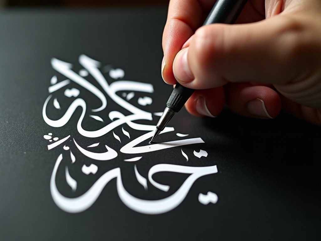 This image captures a close-up of a hand engaged in writing Arabic calligraphy on paper. The calligraphy is stylized and features elegant, fluid strokes that highlight the beauty and complexity of the Arabic script. The background is a deep black, providing a stark contrast to the bright white letters, enhancing their visibility. The intricate details include loops and curves that showcase traditional calligraphic techniques. This artwork represents a modern interpretation of a historical art form, merging creativity with cultural significance.