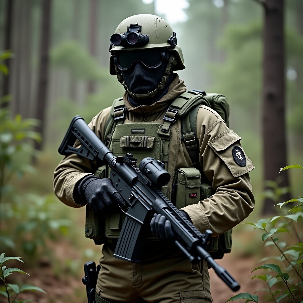 Image shows a soldier in a camouflage uniform holding two submachine guns. The soldier is outfitted with tactical gear, including a helmet and protective mask. They are situated in a forest setting.