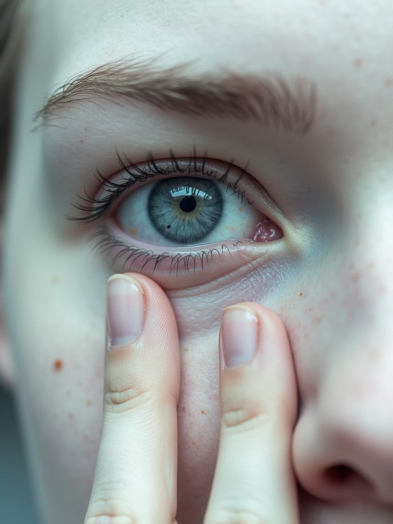 Close-up of a gray eye with fingers positioned in front. Light skin surrounds the eye.