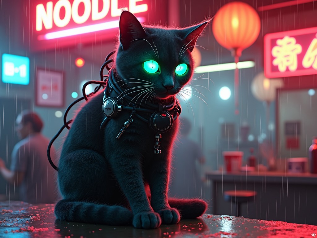 A futuristic cyberpunk setting with a black cat having glowing green eyes sitting on a rainy street in front of a noodle shop.