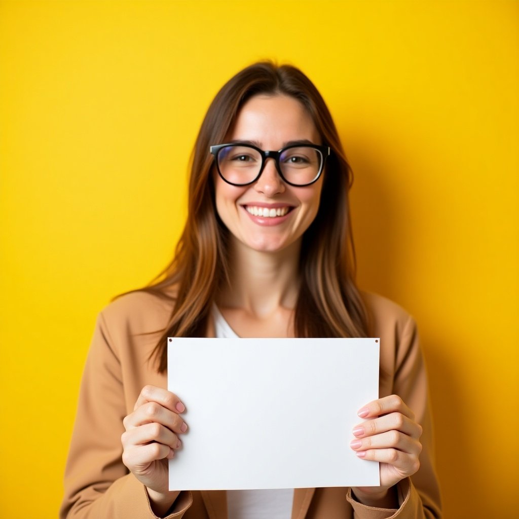 A woman smiles while holding a handwritten note against a bright yellow background.